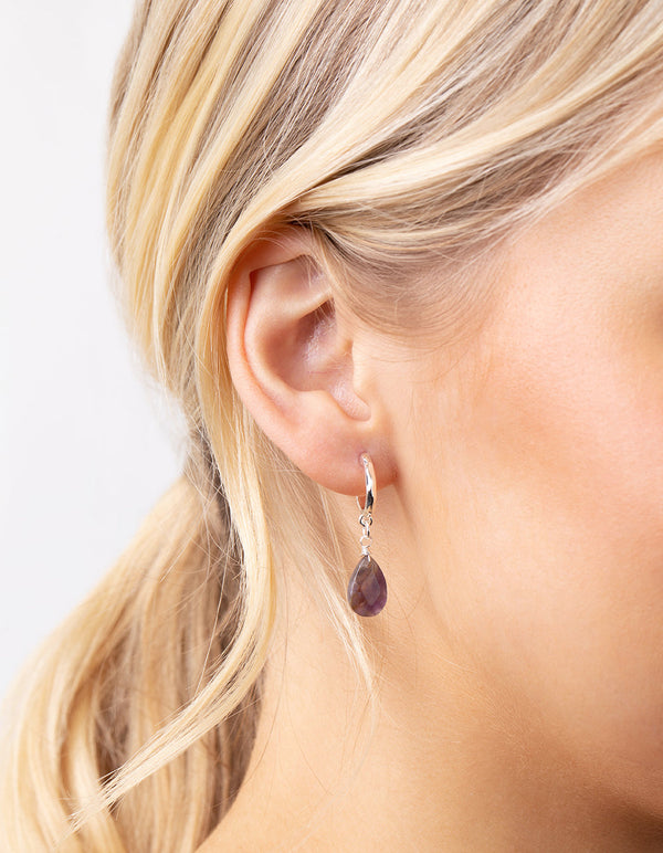 Silver Teardrop Stone Huggie Earrings