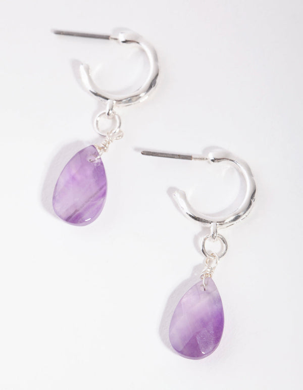 Silver Teardrop Stone Huggie Earrings