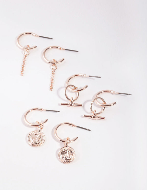 Zestaw 3 kolczyków Mini Charm Sleeper z różowego złota