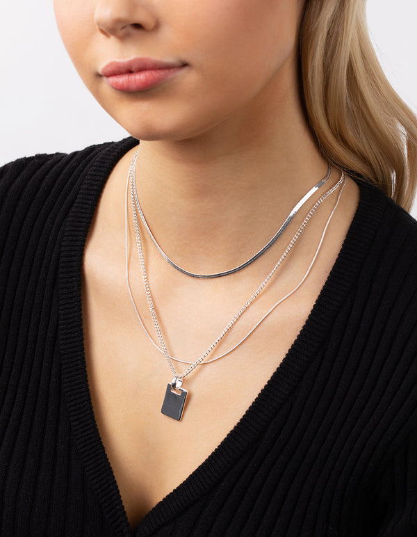 Real Silver Plated Multi-Row Square Pendant Necklace