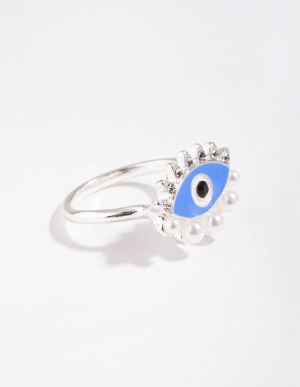 Srebrny pierścionek z perłą i diamentami Evil Eye