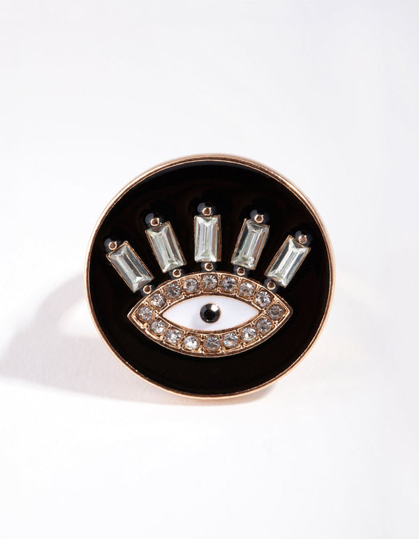 Złoty pierścień z emalią i diamentami Evil Eye