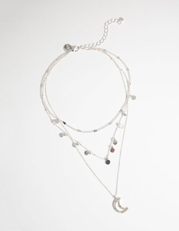 Naszyjnik z zawieszką Silver Moon Charm, 3-warstwowy