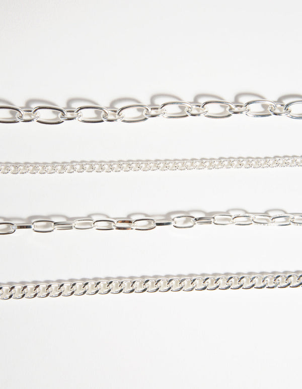 Naszyjnik choker z mieszanym srebrnym łańcuszkiem, zestaw 4 sztuk