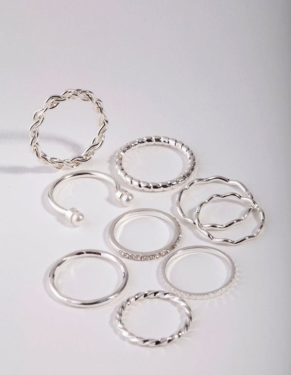 Pierścionki Midi Silver Wave i Pearl (zestaw 9 sztuk)