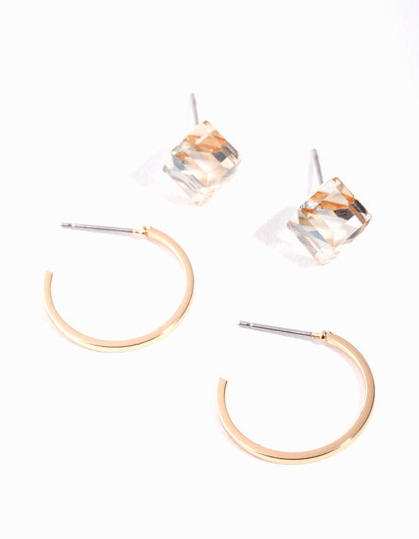 Gold Cube and Hoop 2-Pack Earring