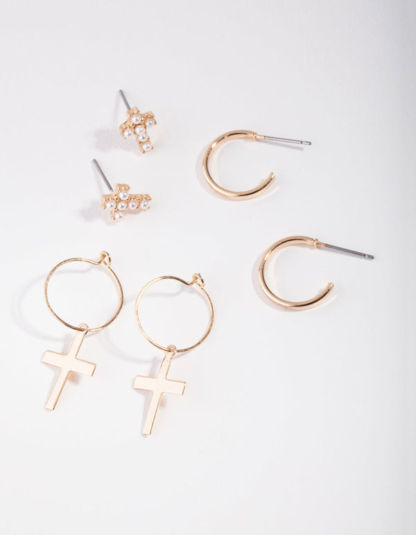 Gold Cross Stud and Hoop 3-Pack Earring