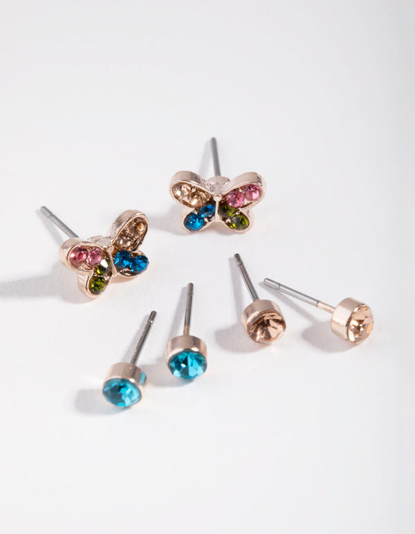 Rose Gold Diamante Butterfly 3-Pack Earring
