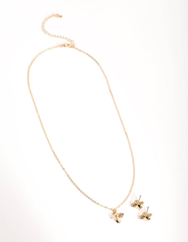 Gold Bee Earring and Necklace 2-Pack