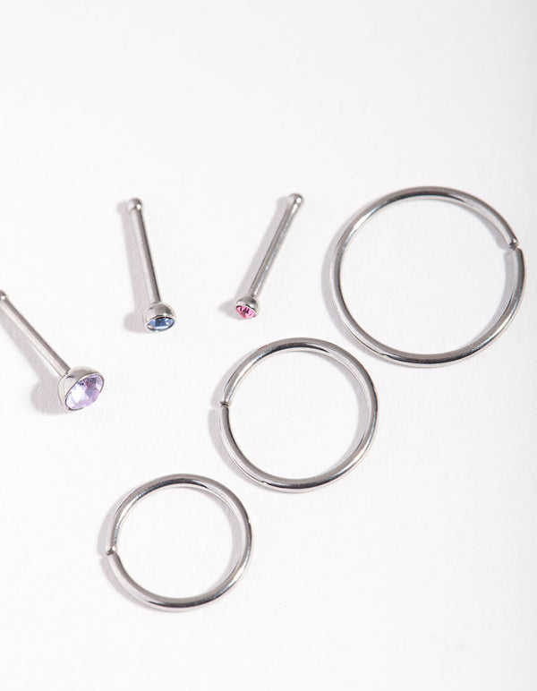 Surgical Steel Rhodium Fine Graduated 6-Pack Nose Studs