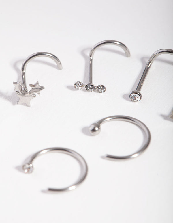 Rhodium Starry Diamante Nose Piercing 6-Pack