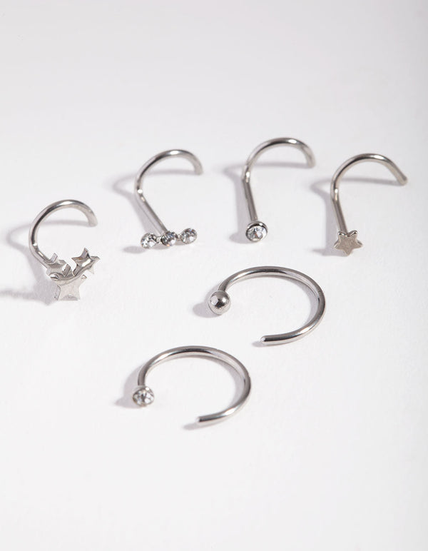 Rhodium Starry Diamante Nose Piercing 6-Pack