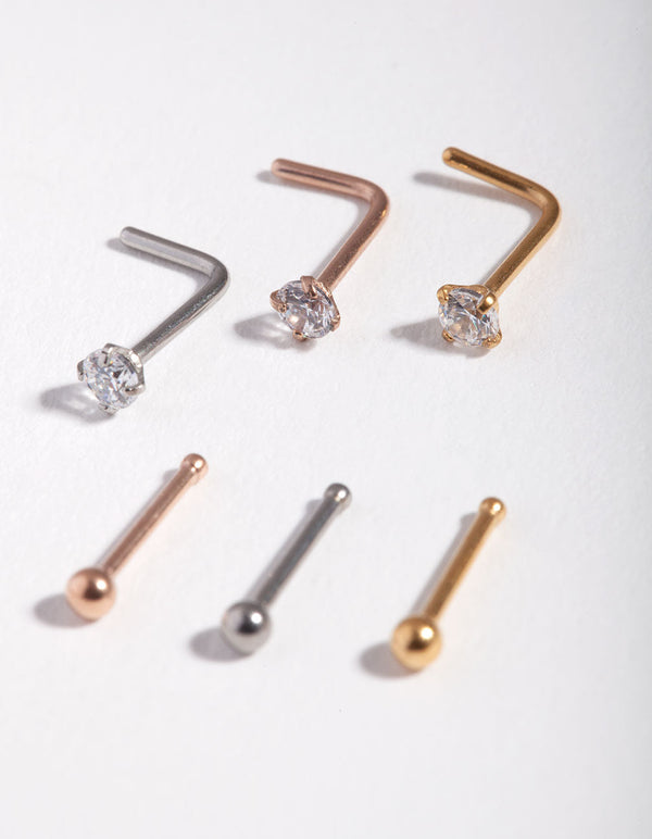 Mixed Metal Cubic Zirconia 6-Pack Nose Studs