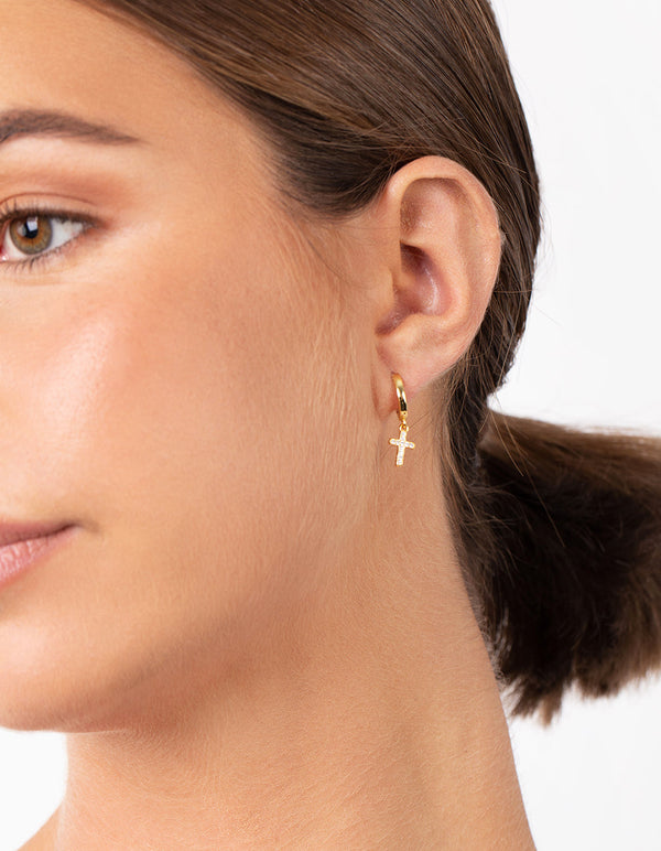 Gold Sterling Silver Plated Cubic Zirconia Cross Huggie Earrings