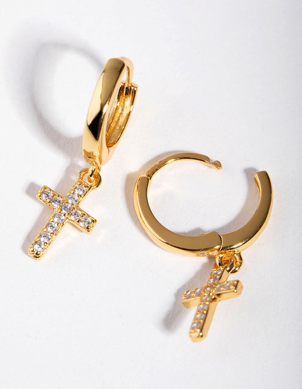 Gold Sterling Silver Plated Cubic Zirconia Cross Huggie Earrings