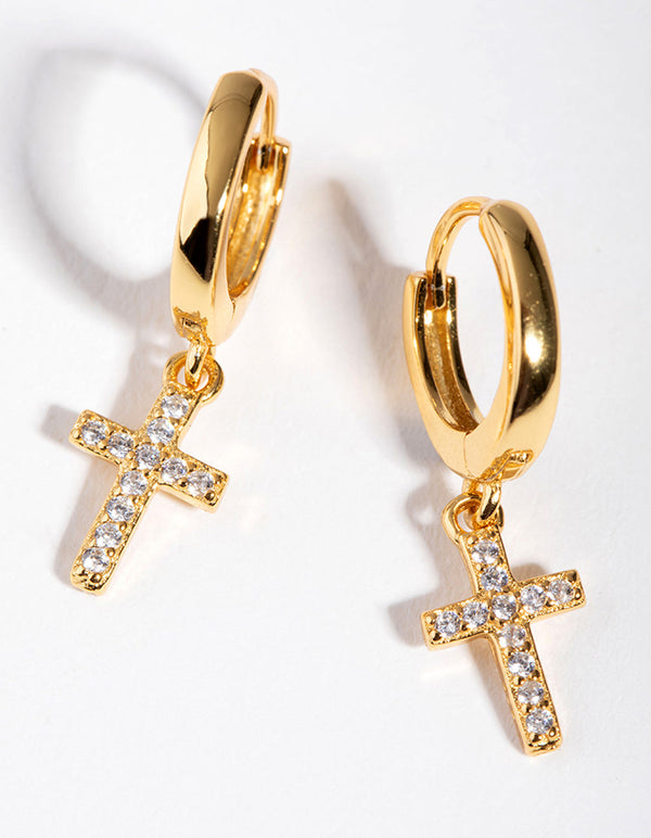 Gold Sterling Silver Plated Cubic Zirconia Cross Huggie Earrings