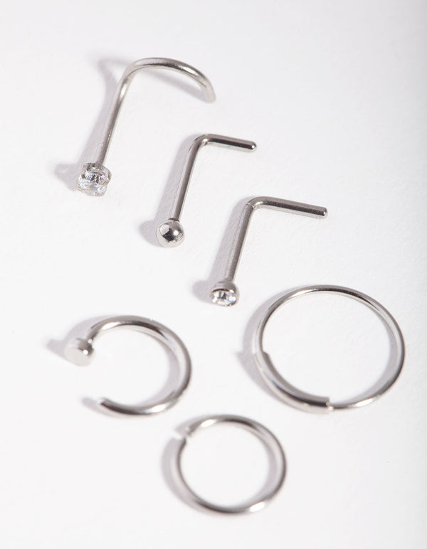Surgical Steel Rhodium Nail 6-Pack Nose Ring
