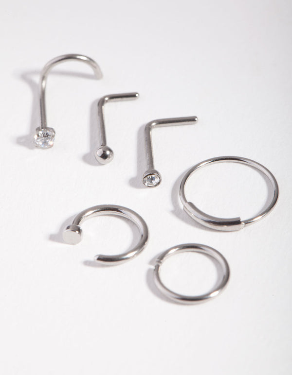 Surgical Steel Rhodium Nail 6-Pack Nose Ring