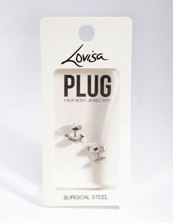 Rhodium Cubic Zirconia 8mm Faux Plug