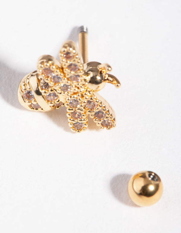 Gold Cubic Zirconia Pave Bee Barbell