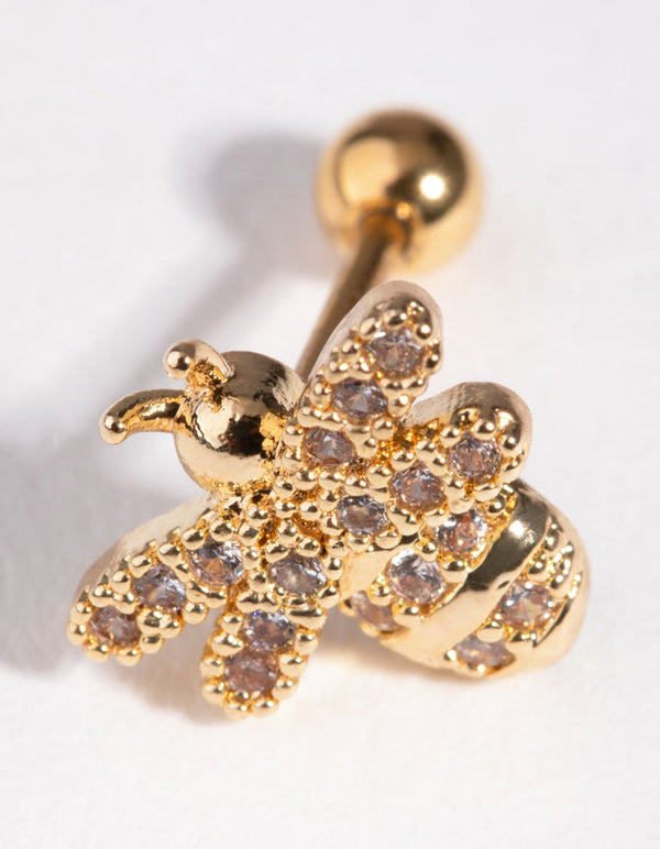Gold Cubic Zirconia Pave Bee Barbell