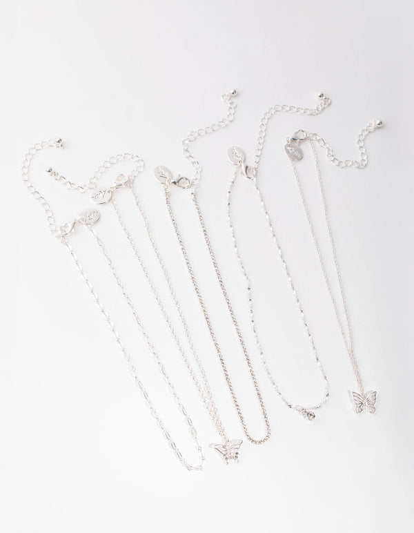 Naszyjnik choker z motywem motyla w kolorze srebrnym (6 sztuk)