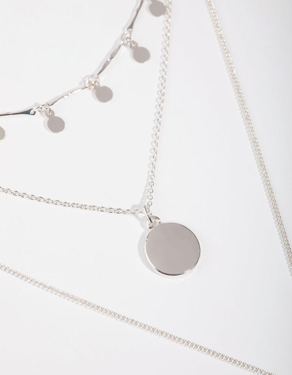 Silver Fine Drop and Bar 3-Row Necklace