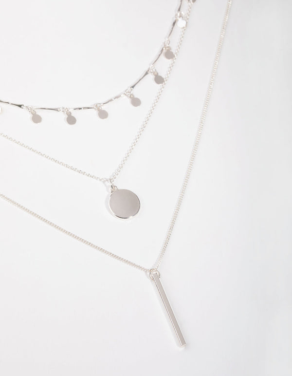 Silver Fine Drop and Bar 3-Row Necklace