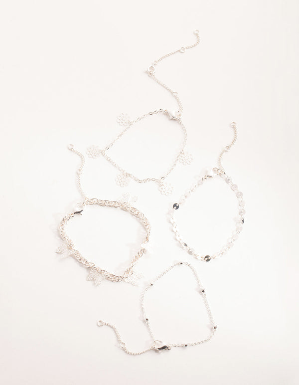 Silver Flower and Butterfly Bracelet and Anklet 4-Pack