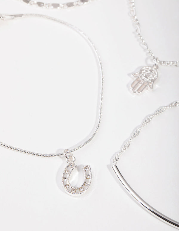 Silver Horseshoe Hamsa Bracelet and Anklet 4-Pack