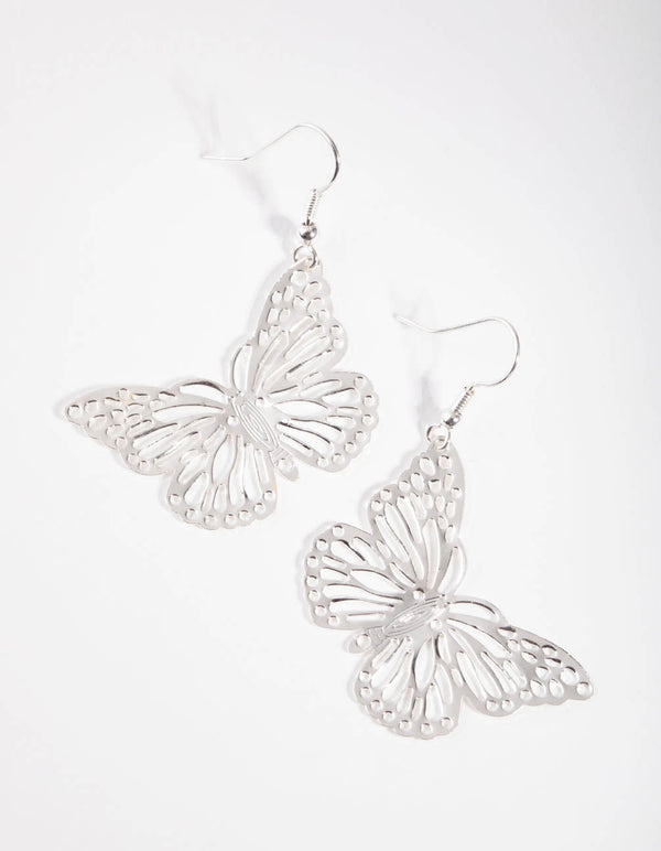 Silver Filigree Butterfly Drop Earrings