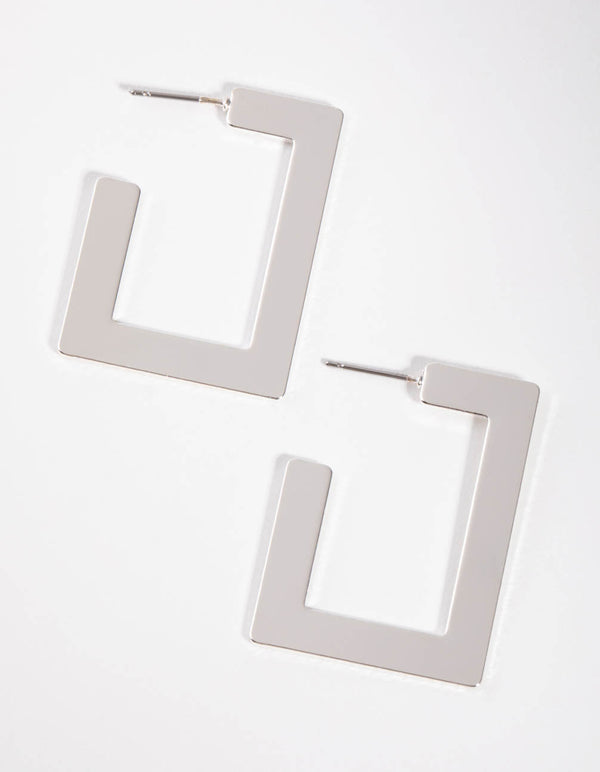 Silver Flat Rectangle Hoop Earrings