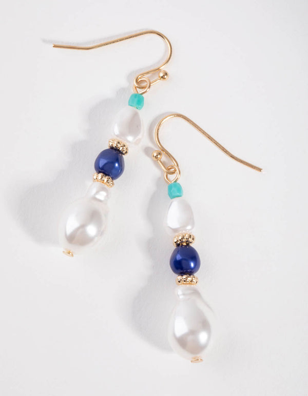 Gold Faux Pearl and Bead Drop Earrings