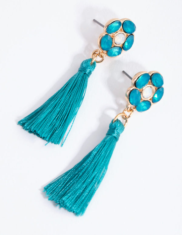 Blue Jewel Tassel Drop Earrings