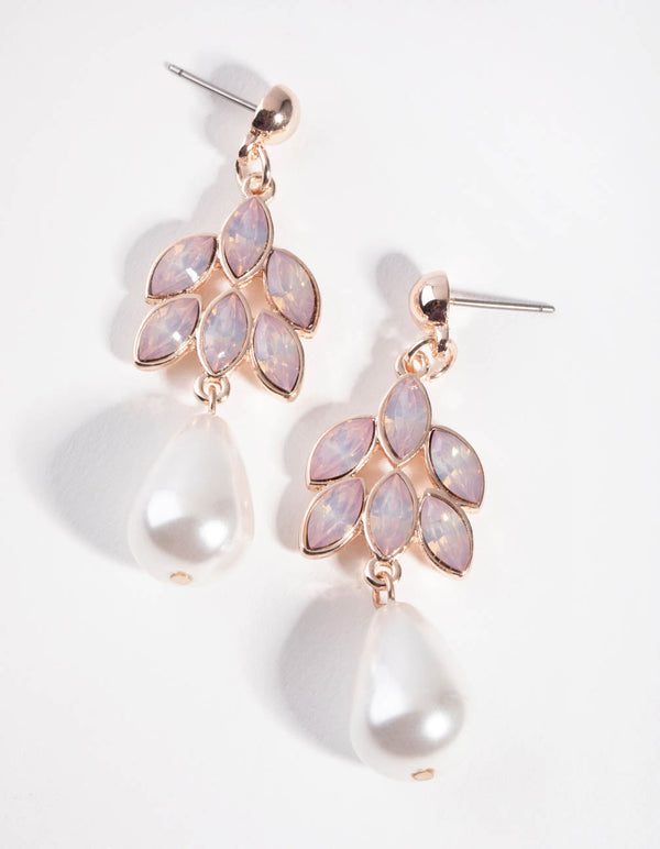 Rose Gold Stone and Faux Pearl Drop Earrings