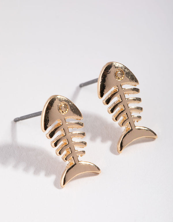 Gold Fish Bone Stud Earrings