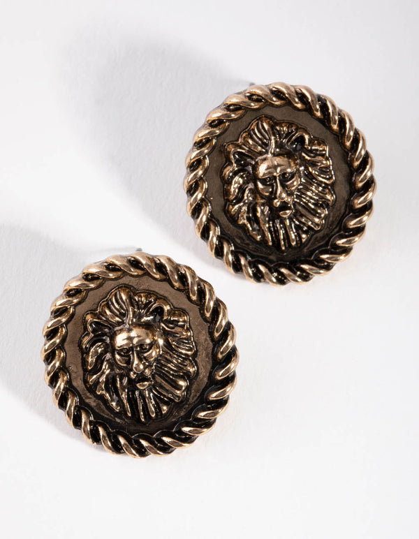 Antique Gold Lion Head Stud Earrings