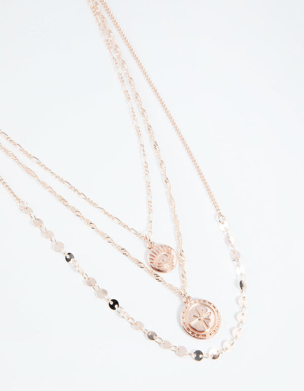 Rose Gold Short Eye and Coin 3-Row Necklace