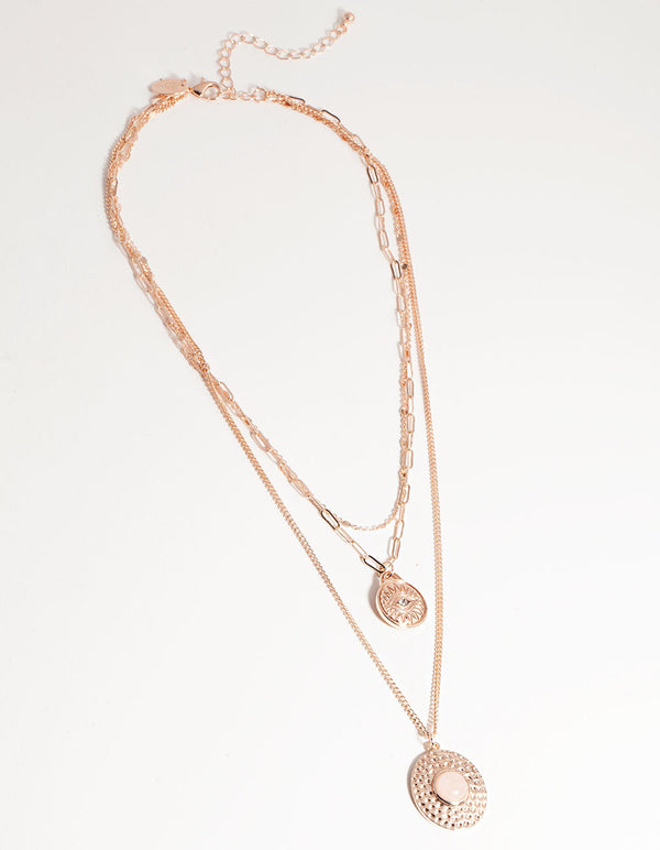 Rose Gold Short Eye Disc 3-Row Necklace