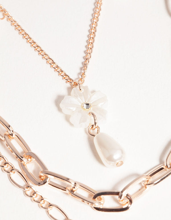 Rose Gold Short Flower Pearl 3-Row Necklace
