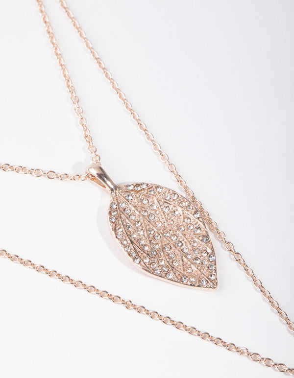 Rose Gold Long Diamante Leaf 2-Row Necklace