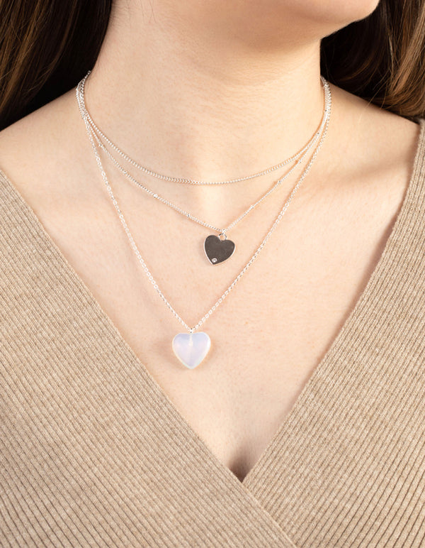 Silver Short Heart 3-Row Necklace