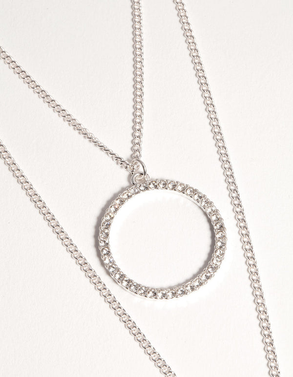 Silver Layered Circle and Bar Diamante Necklace