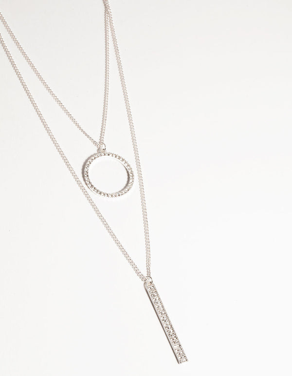 Silver Layered Circle and Bar Diamante Necklace