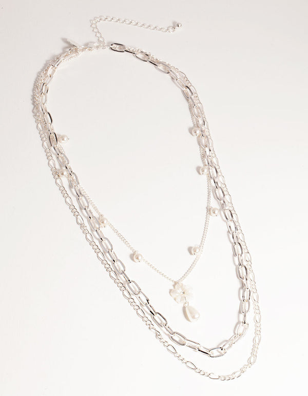 Silver Short Flower Pearl 3-Row Necklace