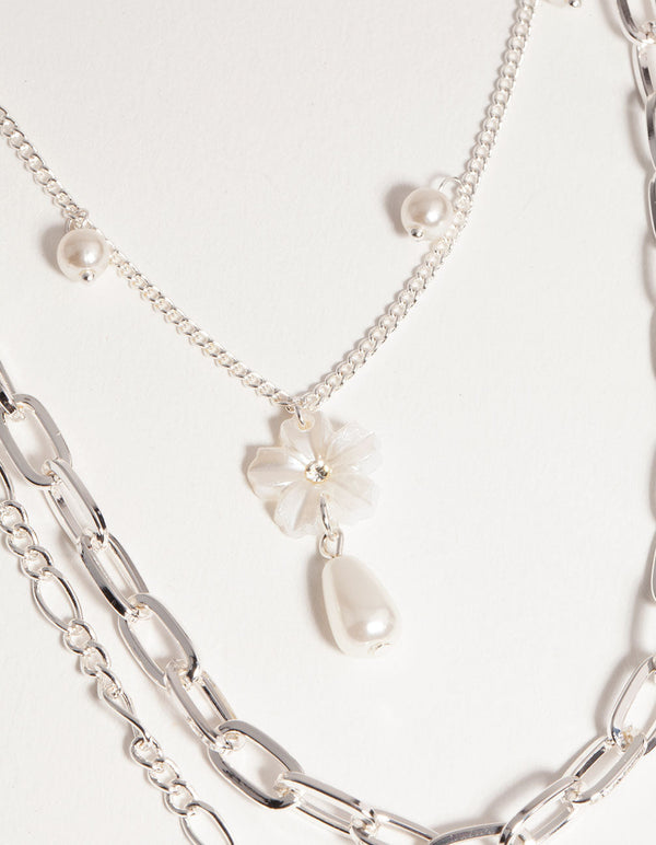 Silver Short Flower Pearl 3-Row Necklace