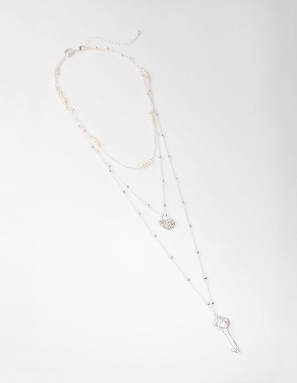 Silver Long Diamante Key 3-Row Necklace