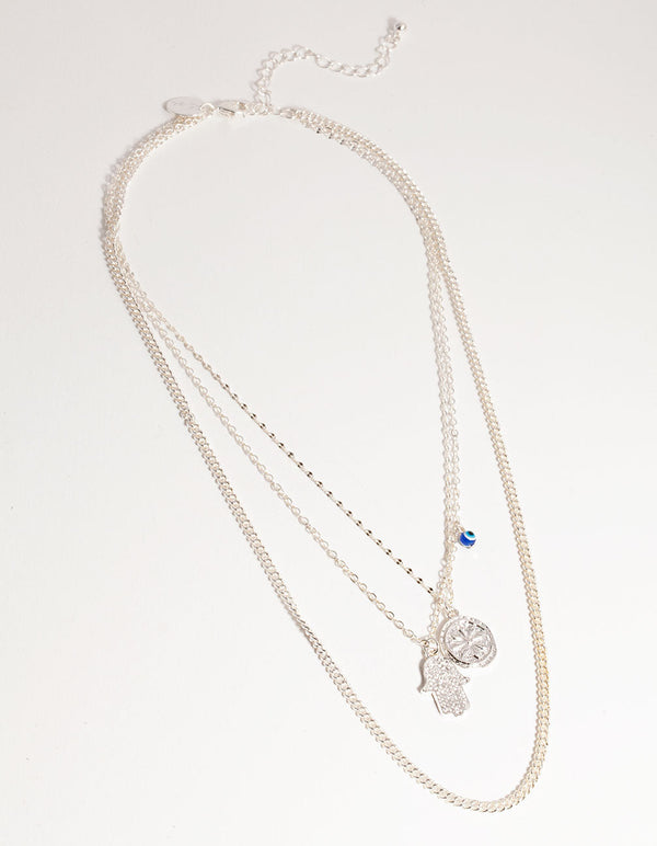 Silver Short Hand Coin 3-Row Necklace
