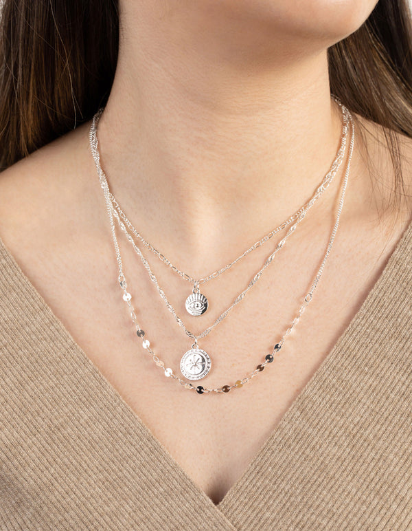 Silver Short Eye Coin 3-Row Necklace
