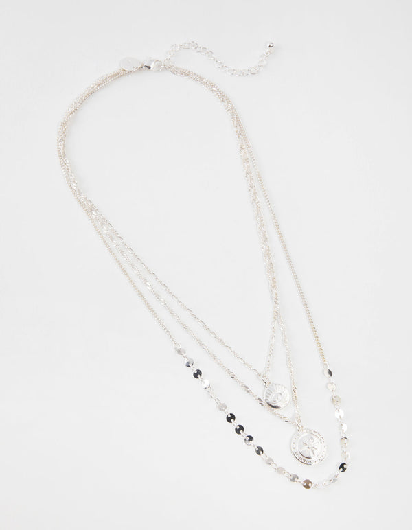 Silver Short Eye Coin 3-Row Necklace